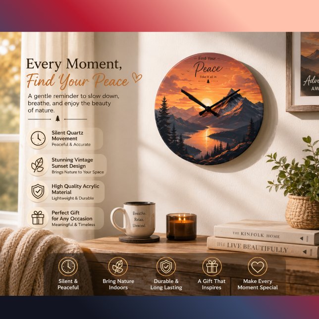 Vintage Mountain Sunset Wall Clock | Rustic Nature (Creator Uploaded)