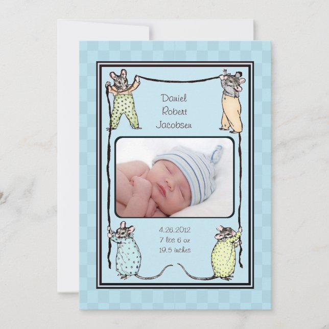 Vintage Mouse Baby Boy Birth Announcement Photo (Front)