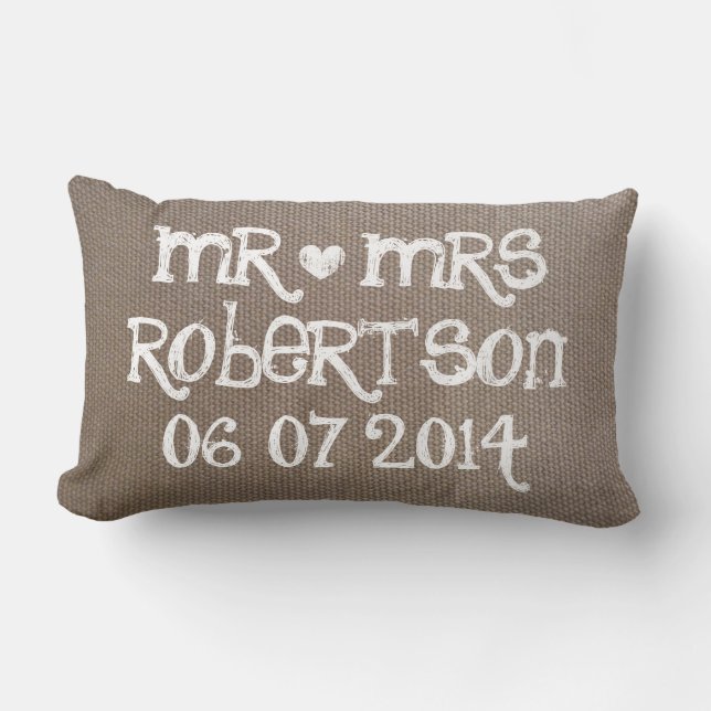 Vintage Mr and Mrs burlap lumbar wedding pillow (Front)