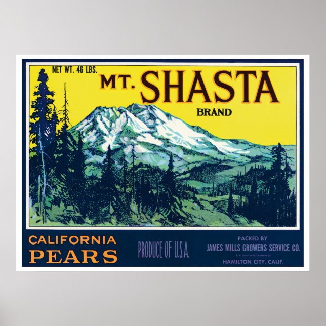 Vintage Mt Shasta California Pears Label Poster (Front)