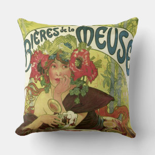Vintage Mucha Beer Advertisement Throw Pillow