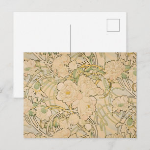Vintage Mucha Peony Flower Botanical Garden Art Postcard