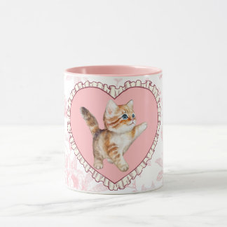 Vintage Mug florale rose avec coeur de Kitten joua