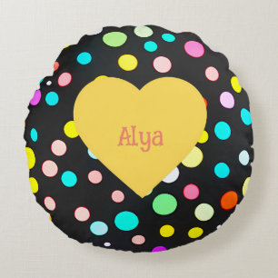 Vintage multicolored polka dots heart and name round pillow
