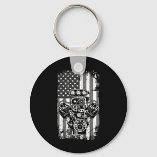 Vintage Muscle Car Piston American Flag Funny Mech Keychain