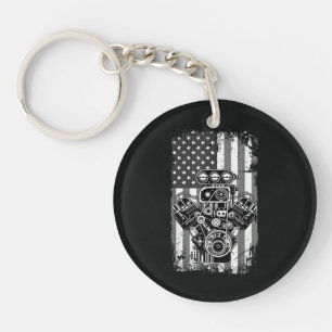Vintage Muscle Car Piston American Flag Funny Mech Keychain