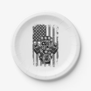 Vintage Muscle Car Piston American Flag Funny Mech Paper Plate