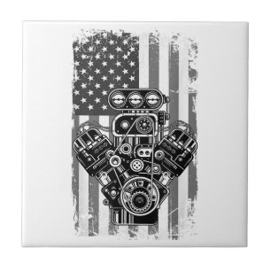 Vintage Muscle Car Piston American Flag Funny Mech Tile