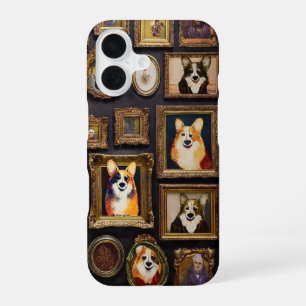 Vintage Museum Wall, Hilarious Corgi Dog Portraits iPhone 16 Case