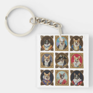 Vintage Museum Wall, Hilarious Corgi Dog Portraits Keychain