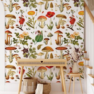 Vintage Mushroom and Wildflower Wallpaper