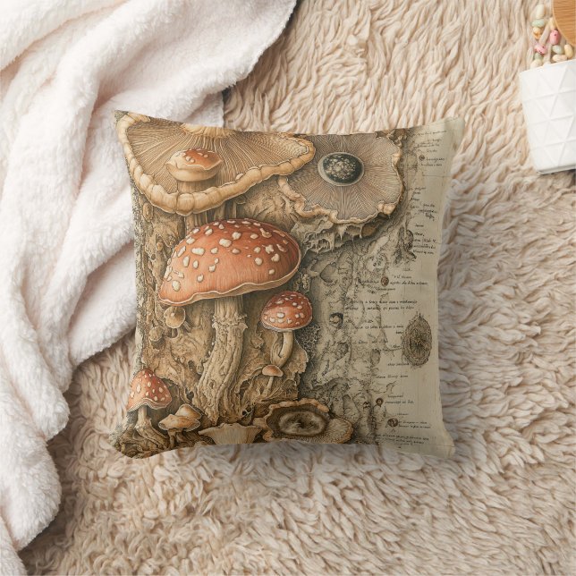 Vintage Mushroom Botanical Chart (1) Throw Pillow (Blanket)