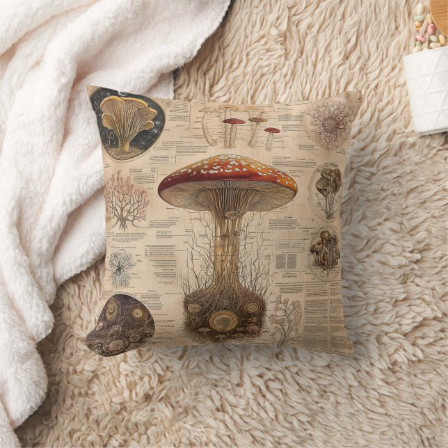 Vintage Mushroom Botanical Chart (2) Throw Pillow (Blanket)