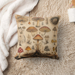 Vintage Mushroom Botanical Chart (6) Throw Pillow