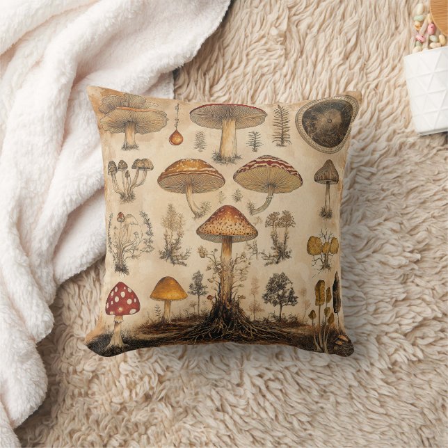 Vintage Mushroom Botanical Chart (6) Throw Pillow (Blanket)