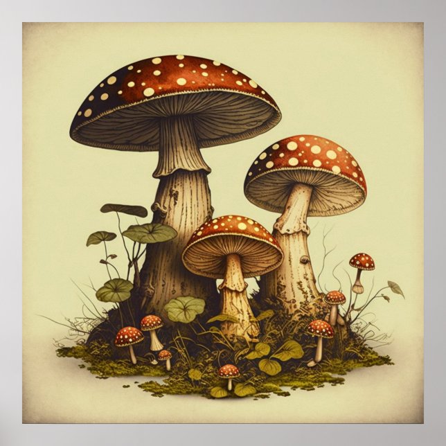 Vintage Mushroom Digital Art 10 Poster (Front)
