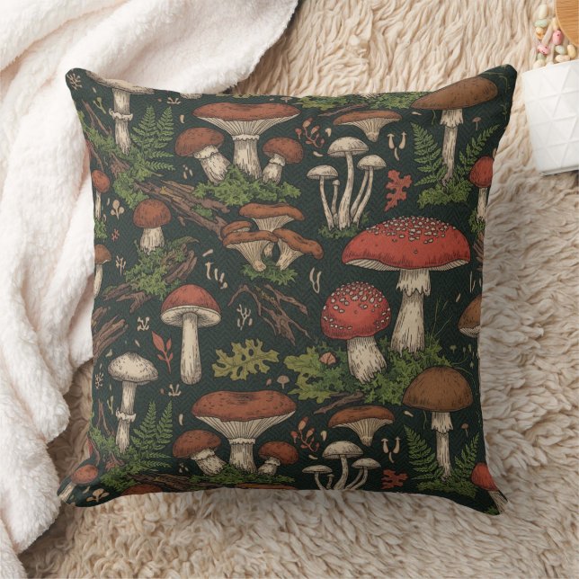 Vintage Mushroom Forest Botanical Throw Pillow (Blanket)