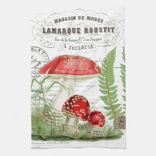 Vintage Mushroom French Script Kitchen Hand Towel (Vertical)