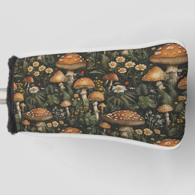 Vintage Mushroom Garden Seamless Pattern Golf Head Cover (Front)