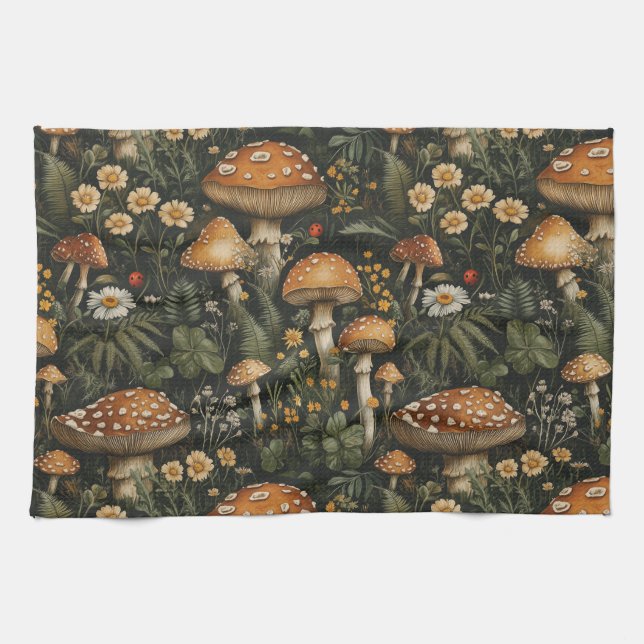 Vintage Mushroom Garden Seamless Pattern Kitchen Towel (Horizontal)
