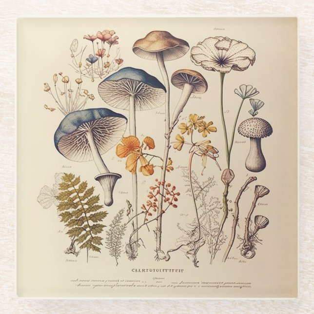 Vintage Mushroom Naturalist Glass Coaster (Front)