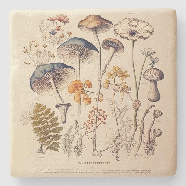 Vintage Mushroom Naturalist Stone Coaster (Front)