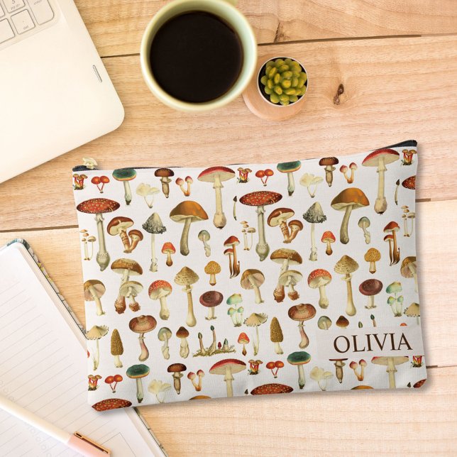 Vintage Mushroom Pattern Accessory Pouch (In situ, on table)