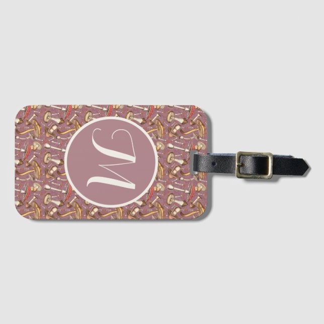 Vintage Mushroom pattern and personalised monogram Luggage Tag (Front Horizontal)