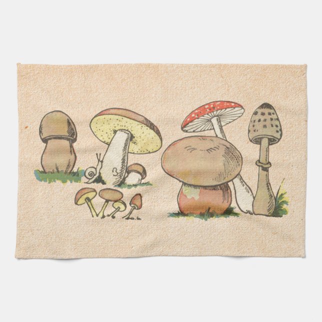 Vintage Mushroom Print Kitchen Towel (Horizontal)