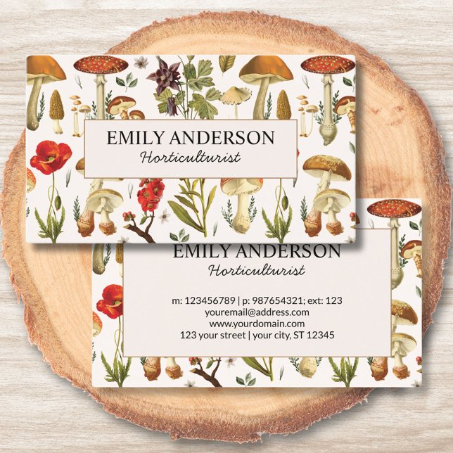 Vintage Mushroom Wildflower Pattern Business Card (Front and Back)