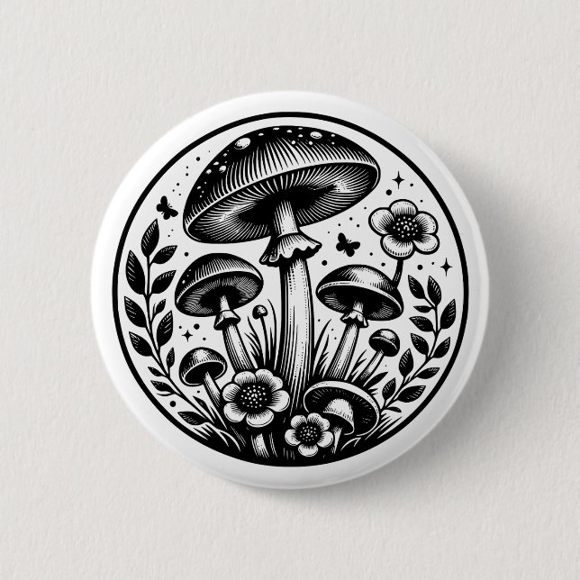 Vintage Mushrooms and Flowers  2 Inch Round Button (Front)