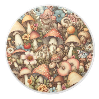 Vintage Mushrooms and Flowers Cottage Core Ceramic Knob