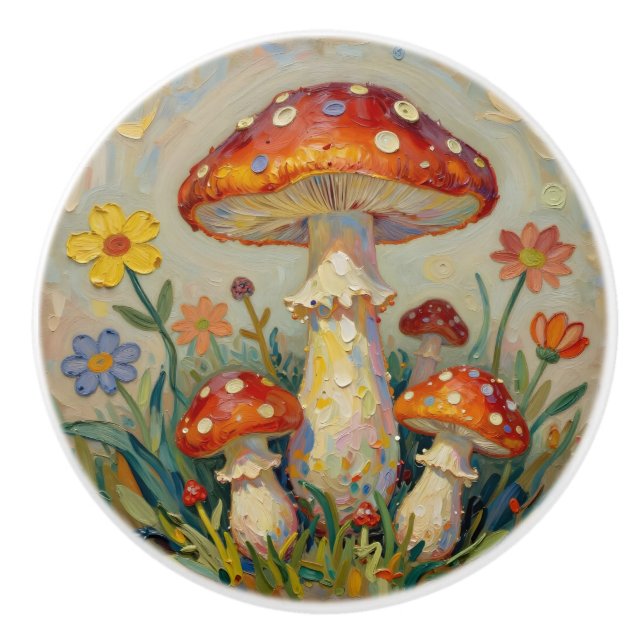 Vintage Mushrooms and Flowers Whimsical Ceramic Knob (Front)