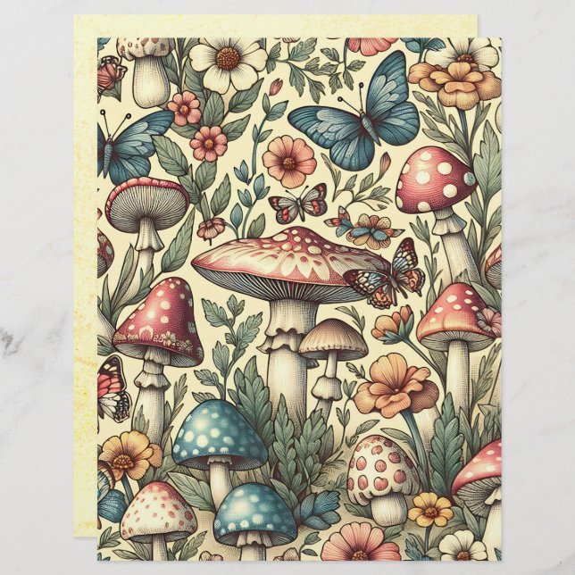 Vintage Mushrooms, Flowers, Butterflies Scrapbook (Front/Back)