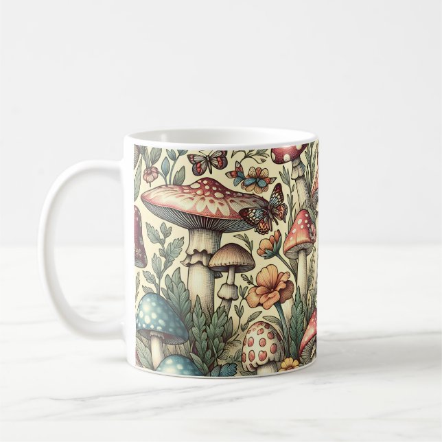 Vintage Mushrooms, Flowers, Butterflies Whimsical Coffee Mug (Left)