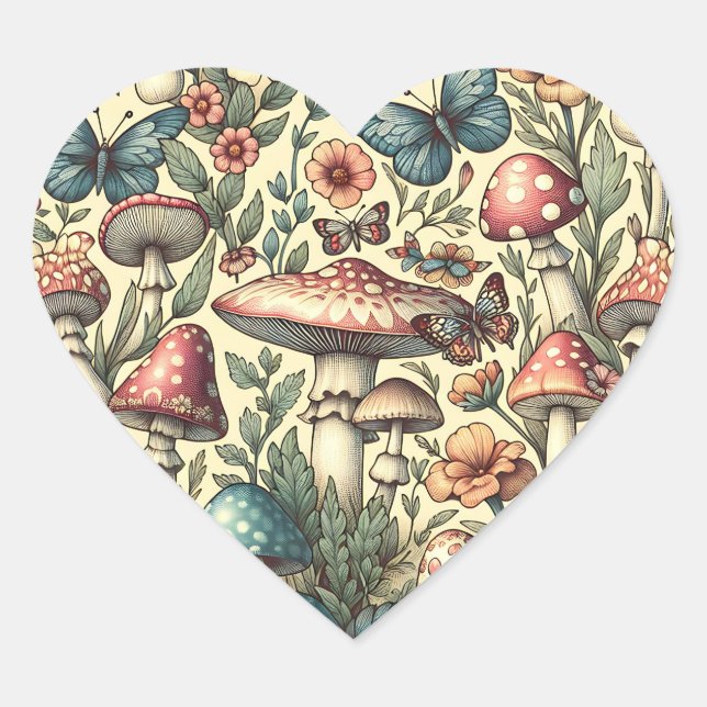 Vintage Mushrooms, Flowers, Butterflies Whimsical Heart Sticker (Front)