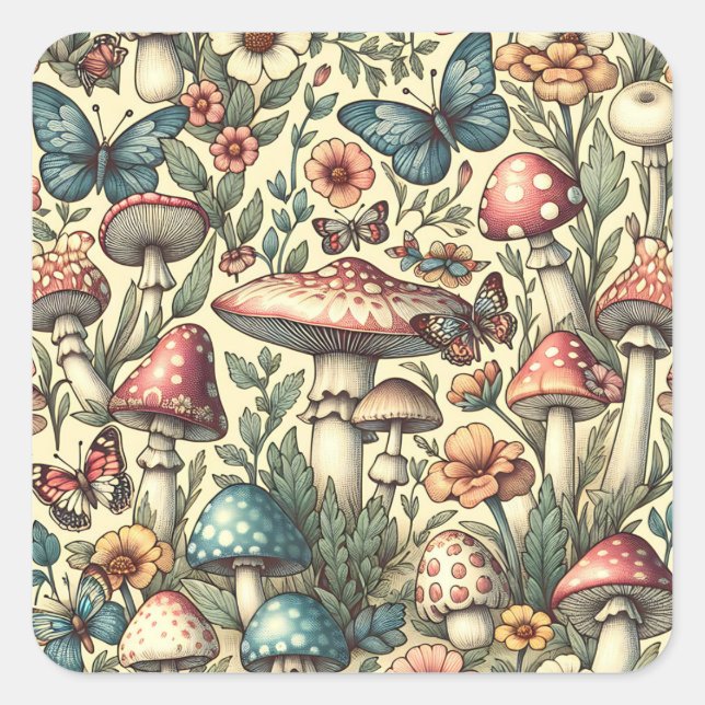 Vintage Mushrooms, Flowers, Butterflies Whimsical Square Sticker (Front)