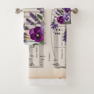 Vintage Music and Lavender Pansies Floral Bath Towel Set