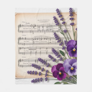 Vintage Music and Lavender Pansies Floral Fleece Blanket