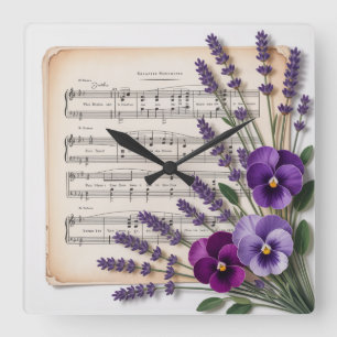 Vintage Music and Lavender Pansies Floral Square Wall Clock