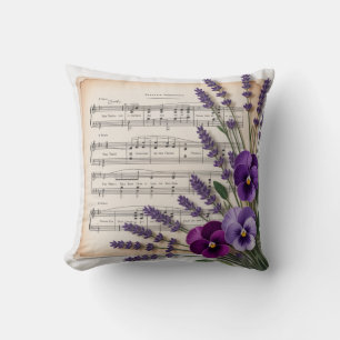 Vintage Music and Lavender Pansies Floral Throw Pillow
