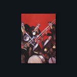 Vintage Music, Art Deco Musical Jazz Band Jamming Canvas Print<br><div class="desc">Vintage illustration art deco design featuring a musical image with a band of musicians performing trombones, drums, saxophone and other instruments while the lead singer is holding a microphone.</div>