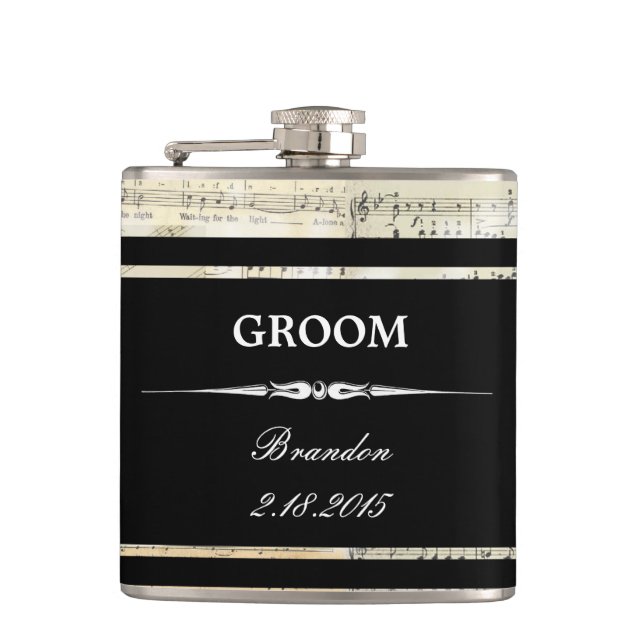 Vintage Music Black GROOM Wedding Flask (Front)