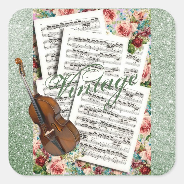 Vintage Music & Flowers Square Sticker (Front)