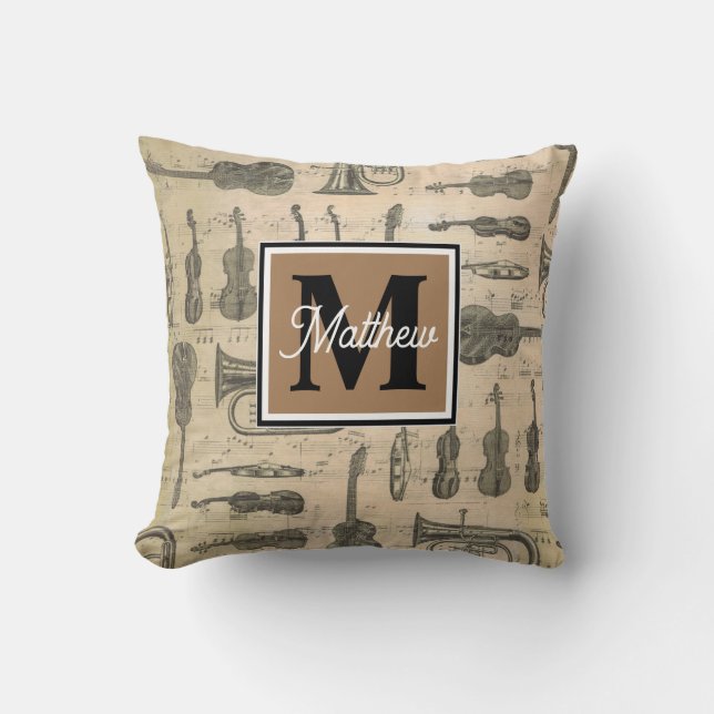 Vintage Music note Musician Monogram    Throw Pillow (Front)
