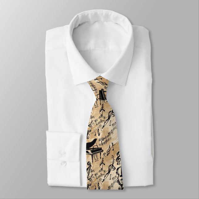 Vintage Music Notes & Instruments Seamless Sepia Tie (Tied)