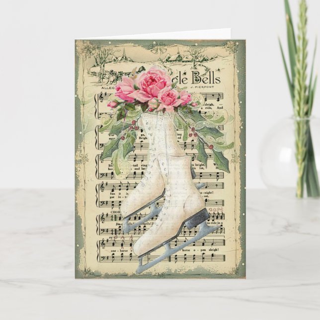 Vintage Music Sheet and Ice Skates Christmas Card (Front)