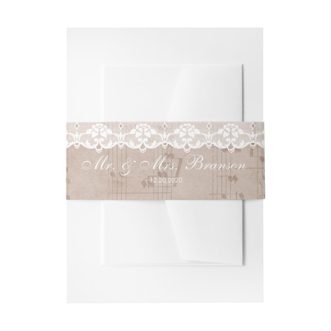 Vintage Music Sheet & Lace Wedding Invitation Belly Band (Front Example)
