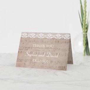 Vintage Music Sheet & Lace Wedding THANK YOU Card
