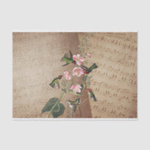 Vintage Music Sheets, Humming Birds, Pink Flowers